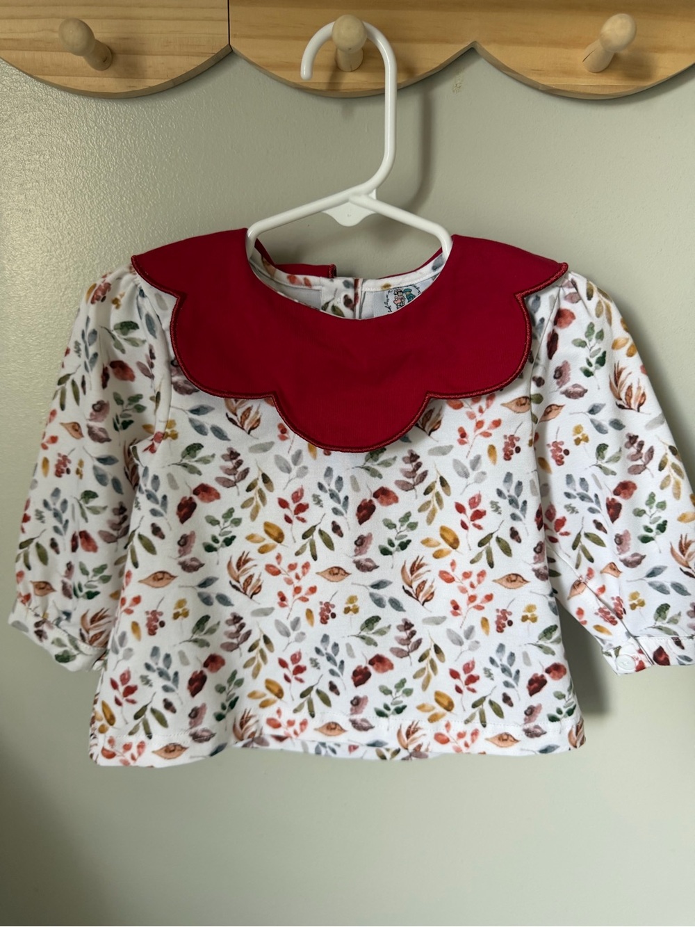 Southern Darlin’ Smocks Baby Girls 9M Floral Leaf Blouse Scalloped Red Collar
